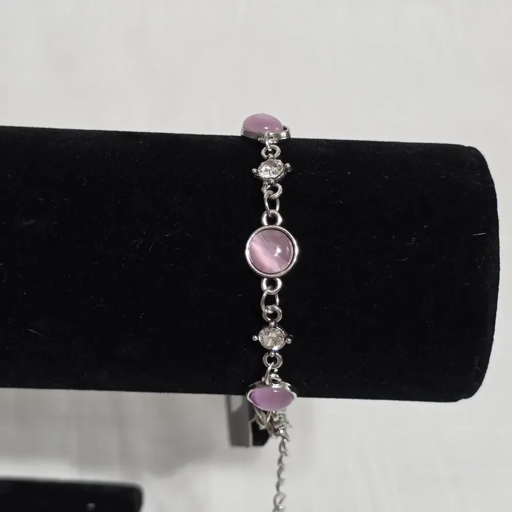 Paparazzi Pink Cat Eye Bracelet Silver Tone Clear Rhinestone Adjustable Jewelry
